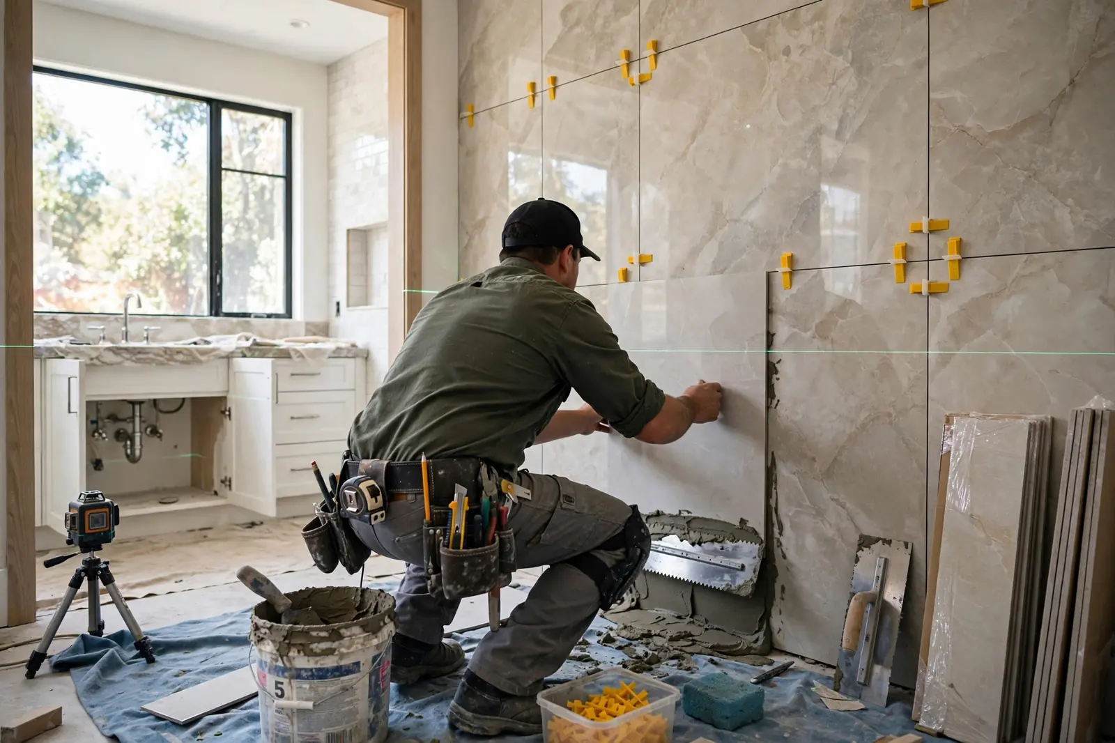 Tile installation Atlanta GA — craftsman installing large-format bathroom tile
