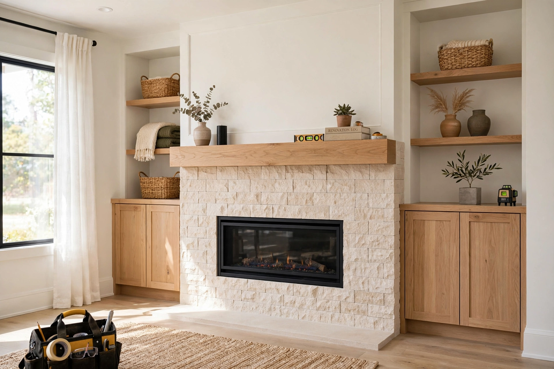 Fireplace remodel Atlanta GA — remodeled living room fireplace with natural stone surround and wood beam mantel