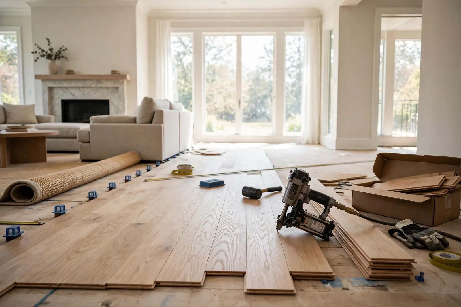 Flooring installation Atlanta GA — hardwood floor installation in an Atlanta living room