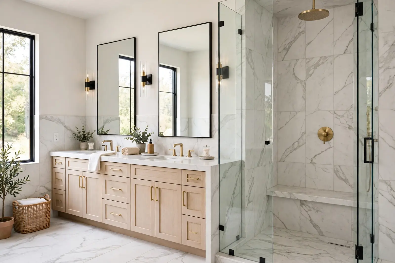 Master bathroom renovation in Brookhaven Atlanta GA with freestanding tub and glass walk-in shower
