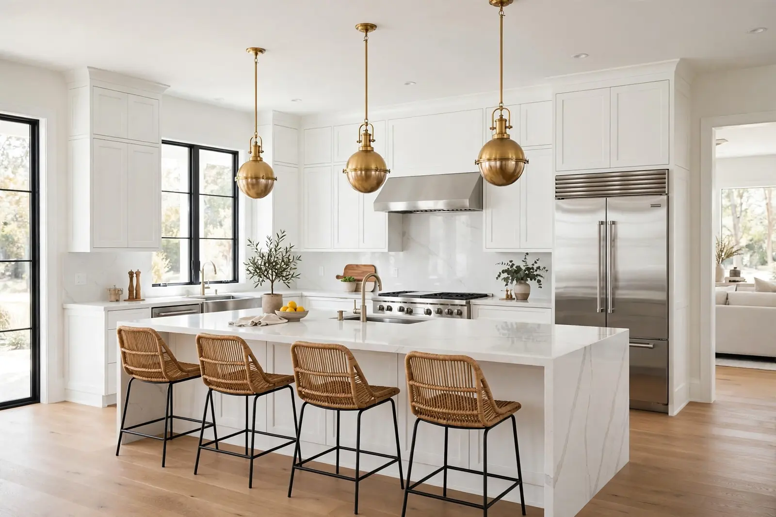 White shaker kitchen remodel in Buckhead Atlanta GA with quartz waterfall island and brass pendants