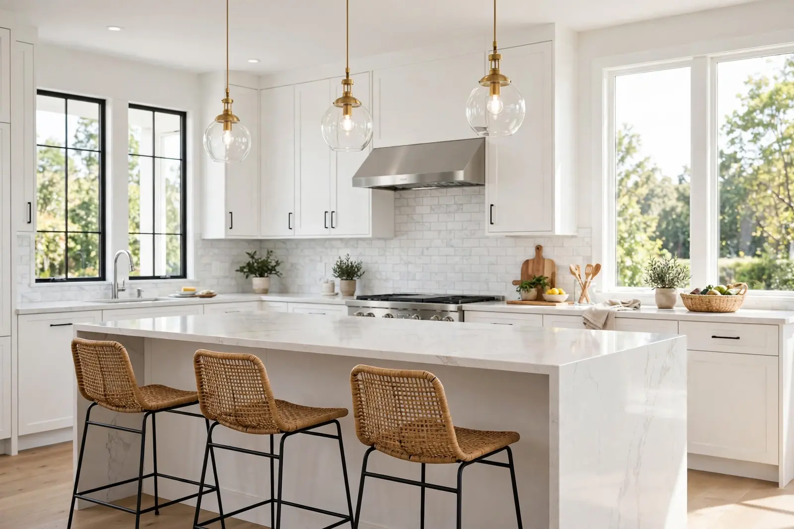 Kitchen contractors near me in Atlanta GA — remodeled kitchen island with pendant lights and seating