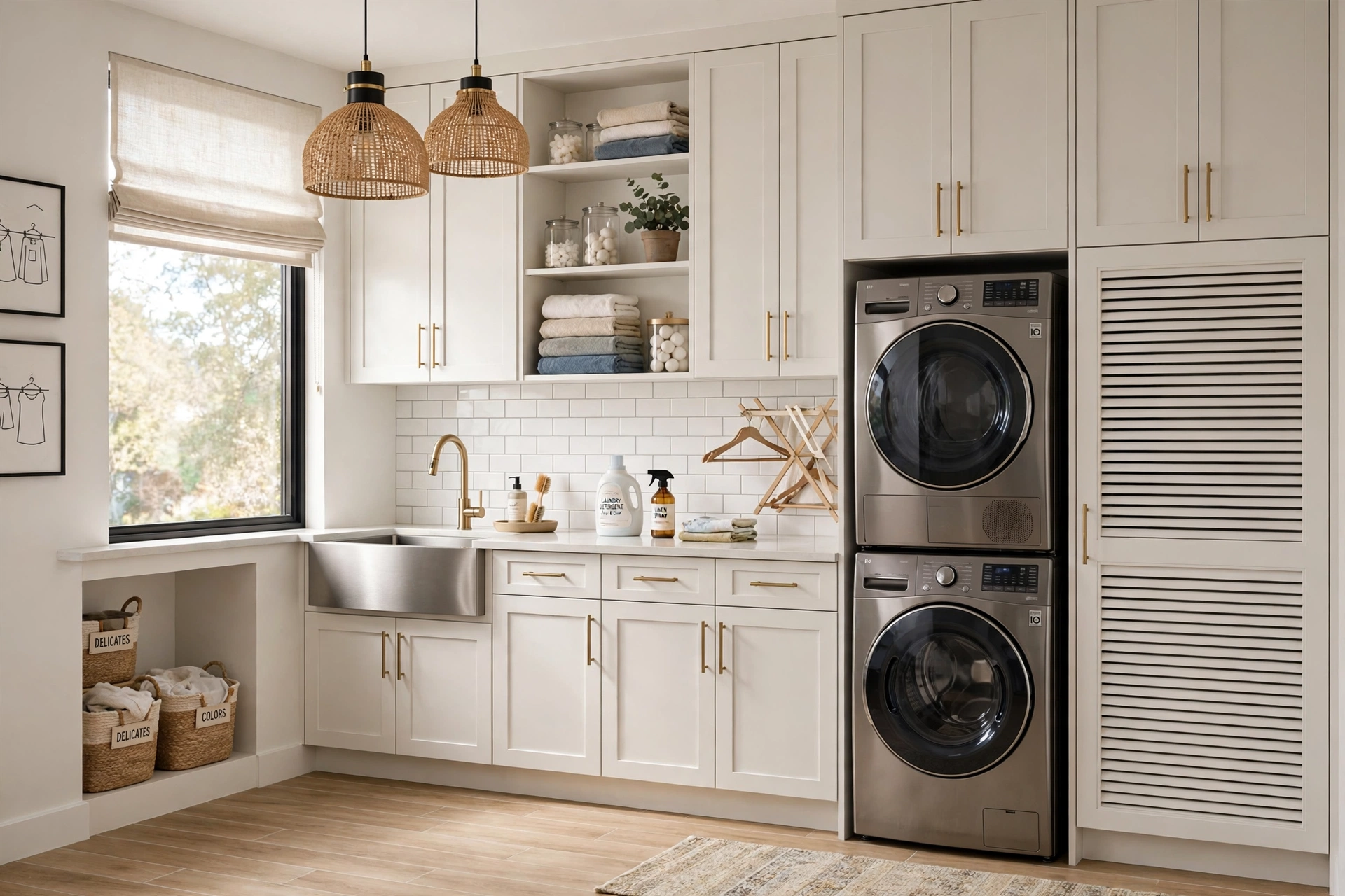 Laundry room remodel Atlanta GA — bright laundry room with custom cabinets, folding counter, utility sink and tile floor