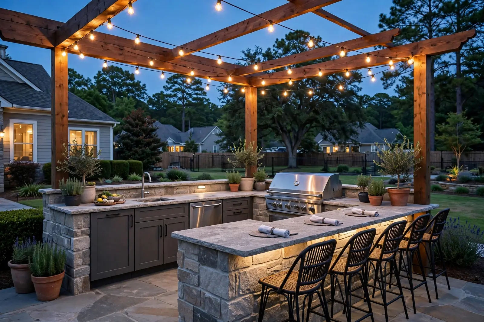 Outdoor kitchen contractors Atlanta GA — stone outdoor kitchen with grill station and seating at dusk