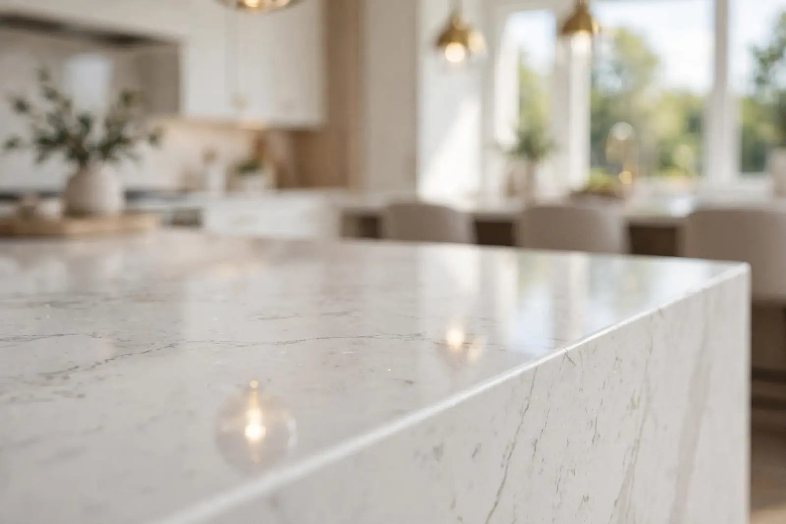 Quartz countertop installation in Alpharetta Atlanta GA with waterfall island edge and invisible seams