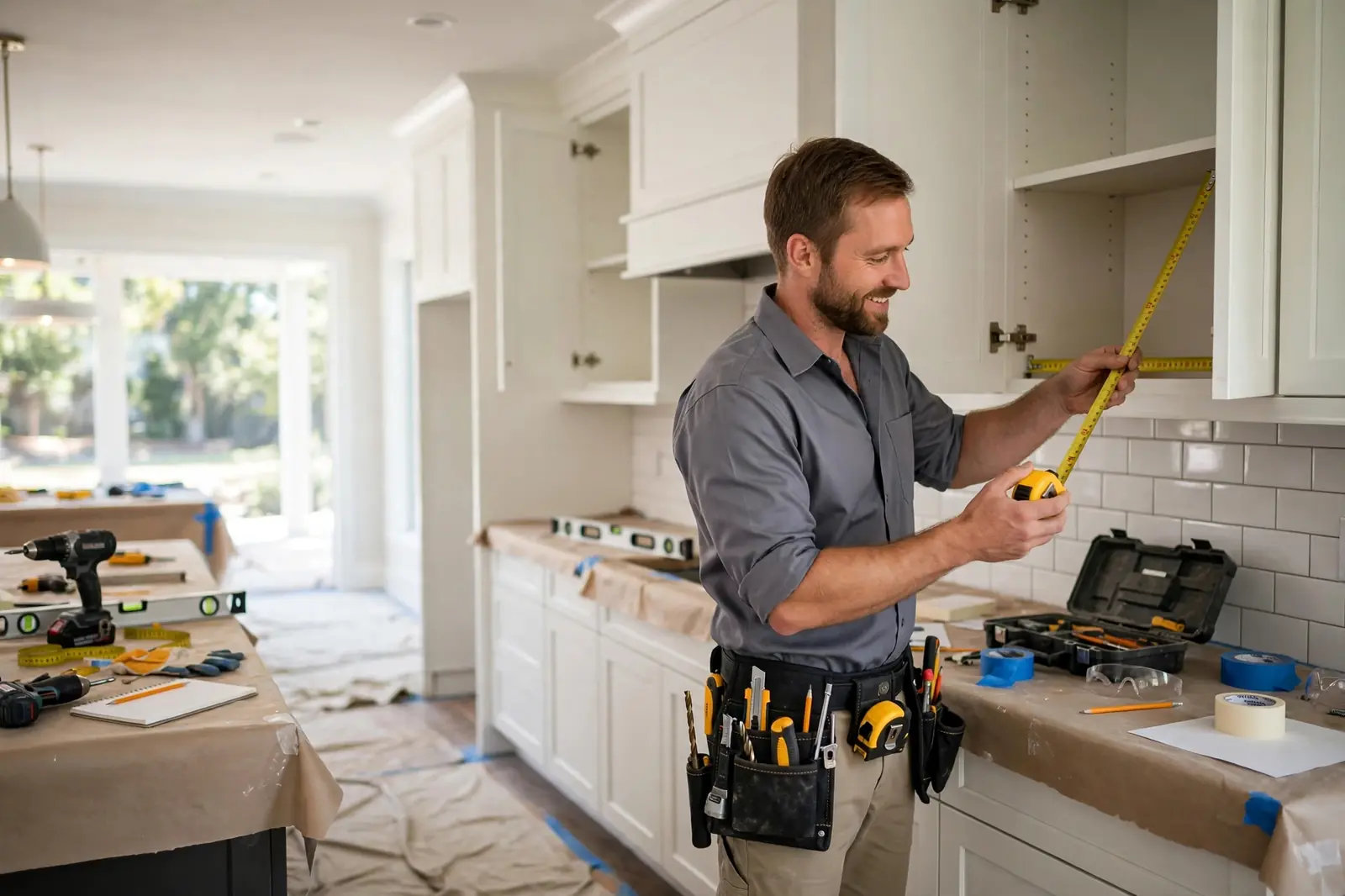 Atlanta remodeling company team measuring kitchen cabinets during a kitchen remodel in Atlanta GA